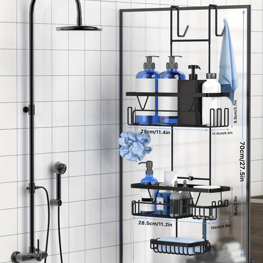 1pc Stainless Steel No-Drill Matte Black Shower Glass Door Rack, Bathroom Organizer for Towels, Clothes, Sponge - Wall Mounted Hanging Shelf for Home Storage and Decor, Ideal for Autumn/Winter and Christmas Gifts