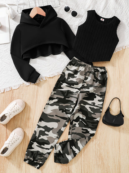 3PCS Girls Trendy Street Wear Style Outfit, Long Sleeve High Low Hoodie + Ribbed Tank Top + Camouflage Pattern Trousers Set For Spring & Fall & Winter Outdoors