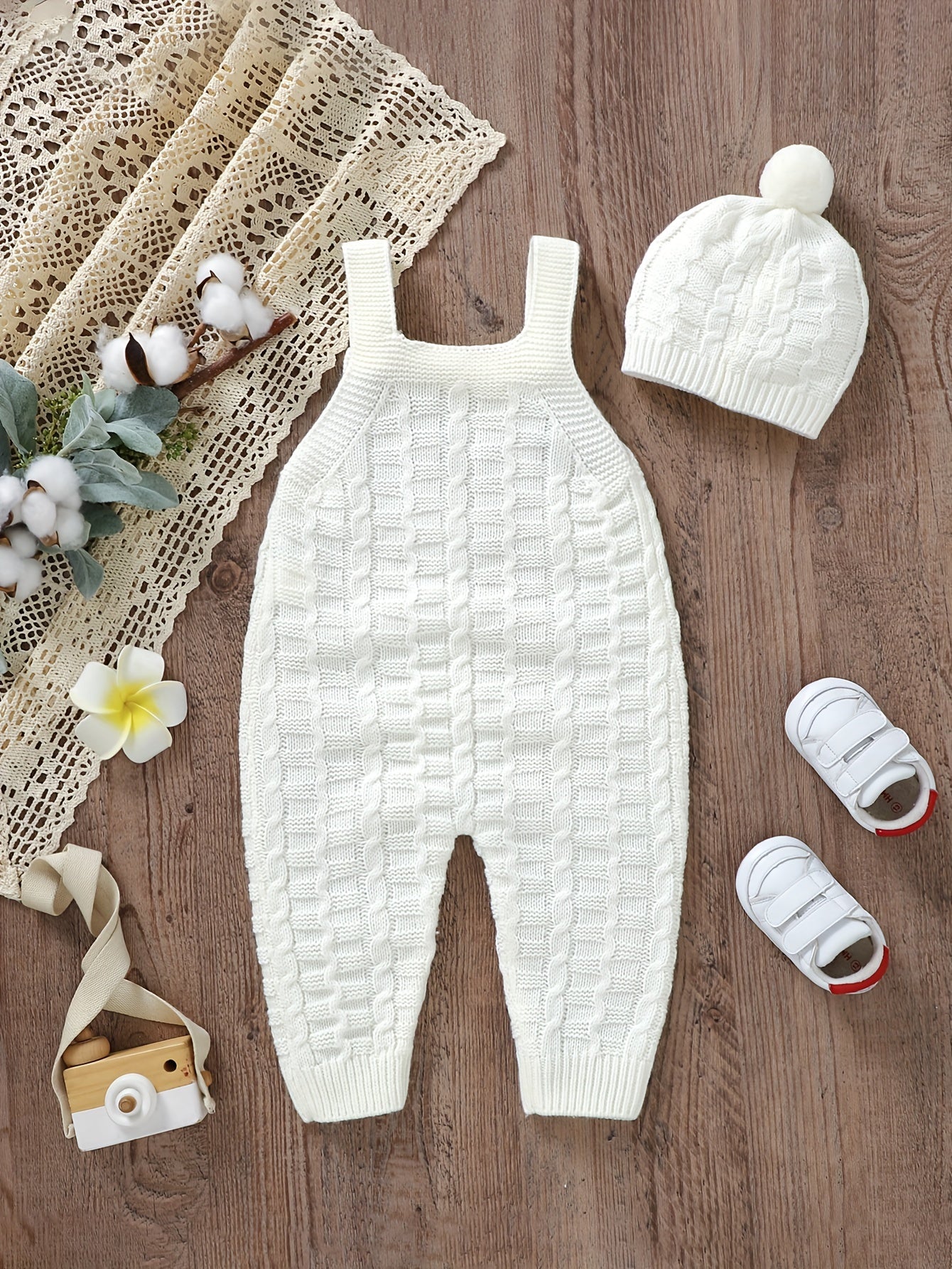 Infant Baby Knitted Suspender Jumpsuit, Long Legs Climbing Suit With Hat Set Without Lining, Suitable For Indoor And Outdoor Wear