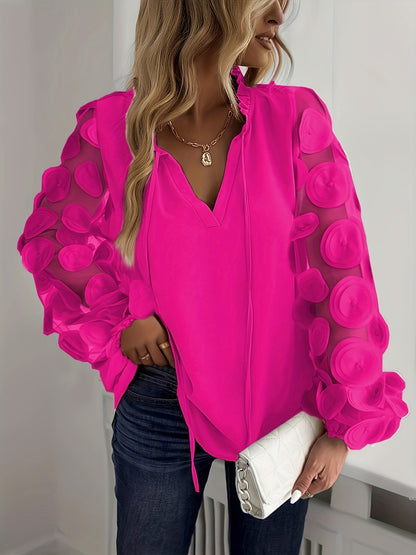 Plus Size Women'S Elegant White Blouse with Floral Mesh Sleeves - Long Sleeve, Notched Collar, Oversized Fit, Perfect for Night Outs, Casual to Formal Attire, Plus Size Blouse | Floral Pattern Top | Mesh Fabric Detail, Plus S