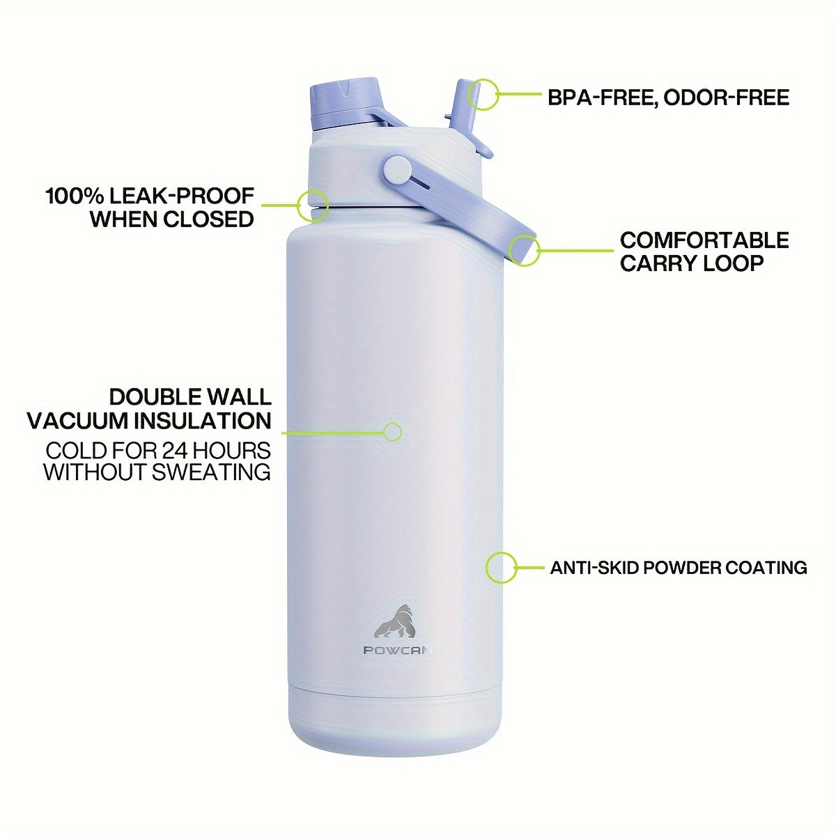 POWCAN 40oz Insulated Stainless Steel Water Bottle with Dual Handles - Leak-Proof, BPA-Free, Keeps Drinks Cold for 24 Hours, Ideal for Sports & Outdoor Activities, Wheat/Green/Light Purple Options