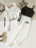 Girls' 3pcs Fashion Outfit, Short Hoodie and Tank Top with Athletic Pants Set, New York Print Casual Long Sleeve Top, Kids Spring/Summer/Autumn/Winter Clothing, Knitted Fabric, Stretchy, Letter Pattern, Regular Fit, Polyester