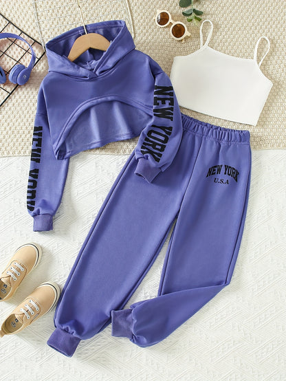 Girls' 3pcs Fashion Outfit, Short Hoodie and Tank Top with Athletic Pants Set, New York Print Casual Long Sleeve Top, Kids Spring/Summer/Autumn/Winter Clothing, Knitted Fabric, Stretchy, Letter Pattern, Regular Fit, Polyester