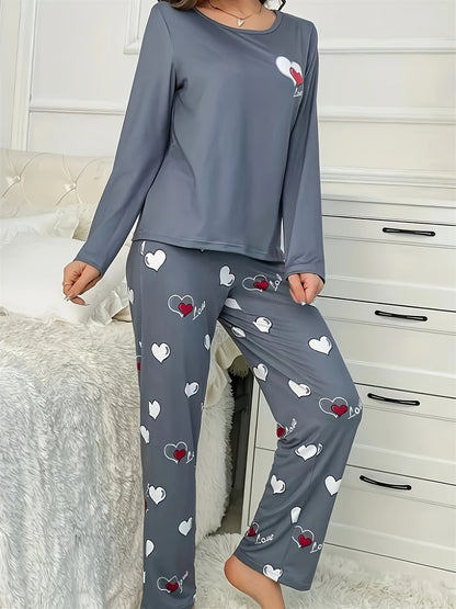 Cozy & Cute Women's Heart Pattern Pajama Set in Dark Gray - Long Sleeve & Pants, Round Neck, Soft Polyester Blend, Machine Washable Sleepwear for Autumn/Winter