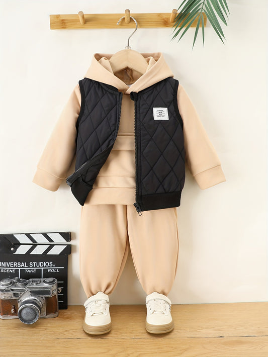 3pcs Baby Boy's Solid Color Warm Vest + Long Sleeve Hoodie + Pants Outdoor Set For Autumn And Winter, Casual Comfy Wear For Infant Boys, Outdoor Cloth