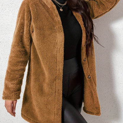 1pc Elegant Women'S Fleece Jacket, Polyester Knit Fabric, Solid Color, Fall/Winter Season, Cozy Warm Outerwear