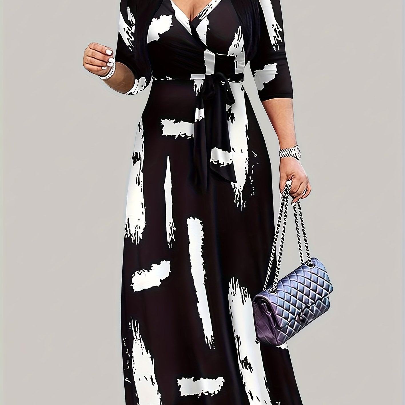 Vestido largo con estampado de pinceles, talla grande, elegante vestido con cuello en V para primavera, ropa de talla grande para mujer.