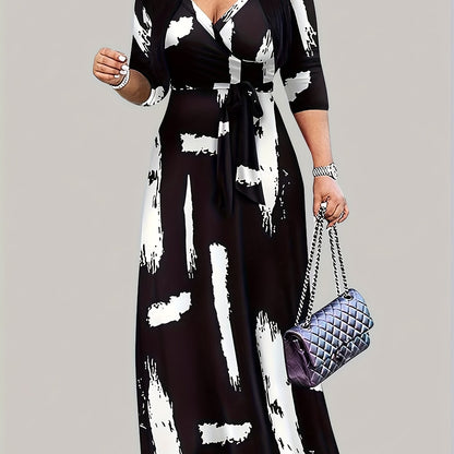 Vestido largo con estampado de pinceles, talla grande, elegante vestido con cuello en V para primavera, ropa de talla grande para mujer.