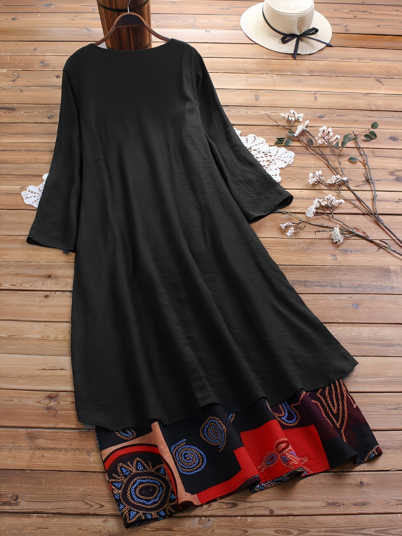 Plus Size 2-in-1 Graphic Print Dress, Casual Button Decor Crew Neck Long Sleeve Dress For Spring, Women's Plus Size Clothing