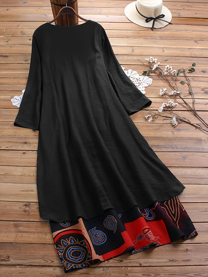 Plus Size 2-in-1 Graphic Print Dress, Casual Button Decor Crew Neck Long Sleeve Dress For Spring, Women's Plus Size Clothing