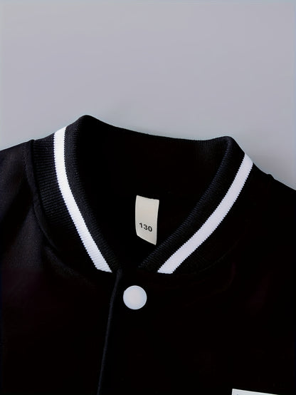 Conjunto de 2 piezas de chaqueta universitaria con estampado de letras para niño, chaqueta bomber y pantalón estilo preppy, ropa infantil para otoño e invierno, uso diario y al aire libre, como regalo.