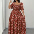 Women's Summer Square Neck Elastic Waist Floral Print Puff Sleeve A-Line Maxi Dress - Lightweight Breathable Machine Washable Plus Size Flowy Long Dress for Beach Vacation & Casual Outings, Beach Dresses