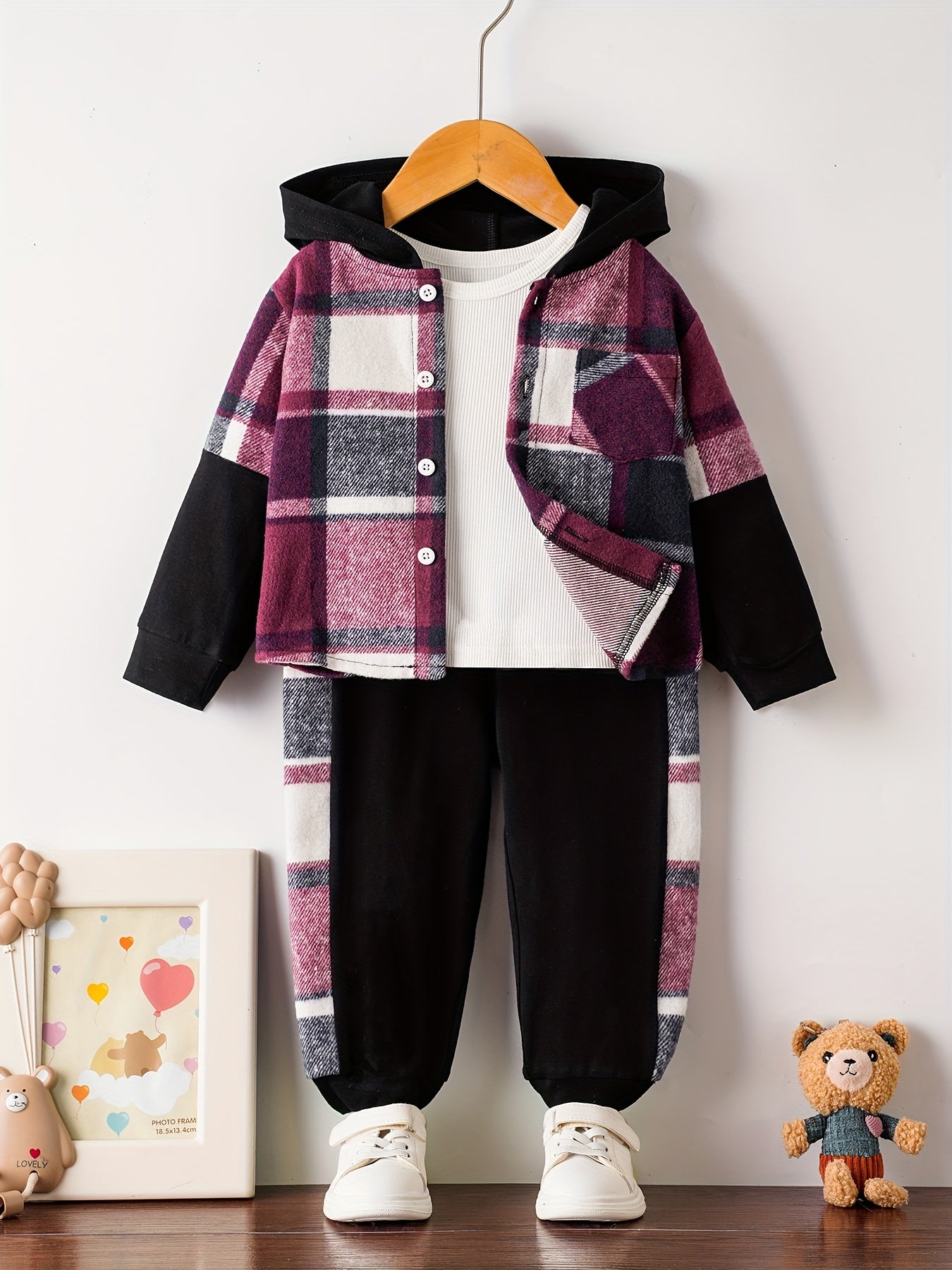 Conjunto informal de sudadera y pantalones de manga larga con capucha a cuadros para bebés y niños pequeños, para exteriores, invierno/otoño