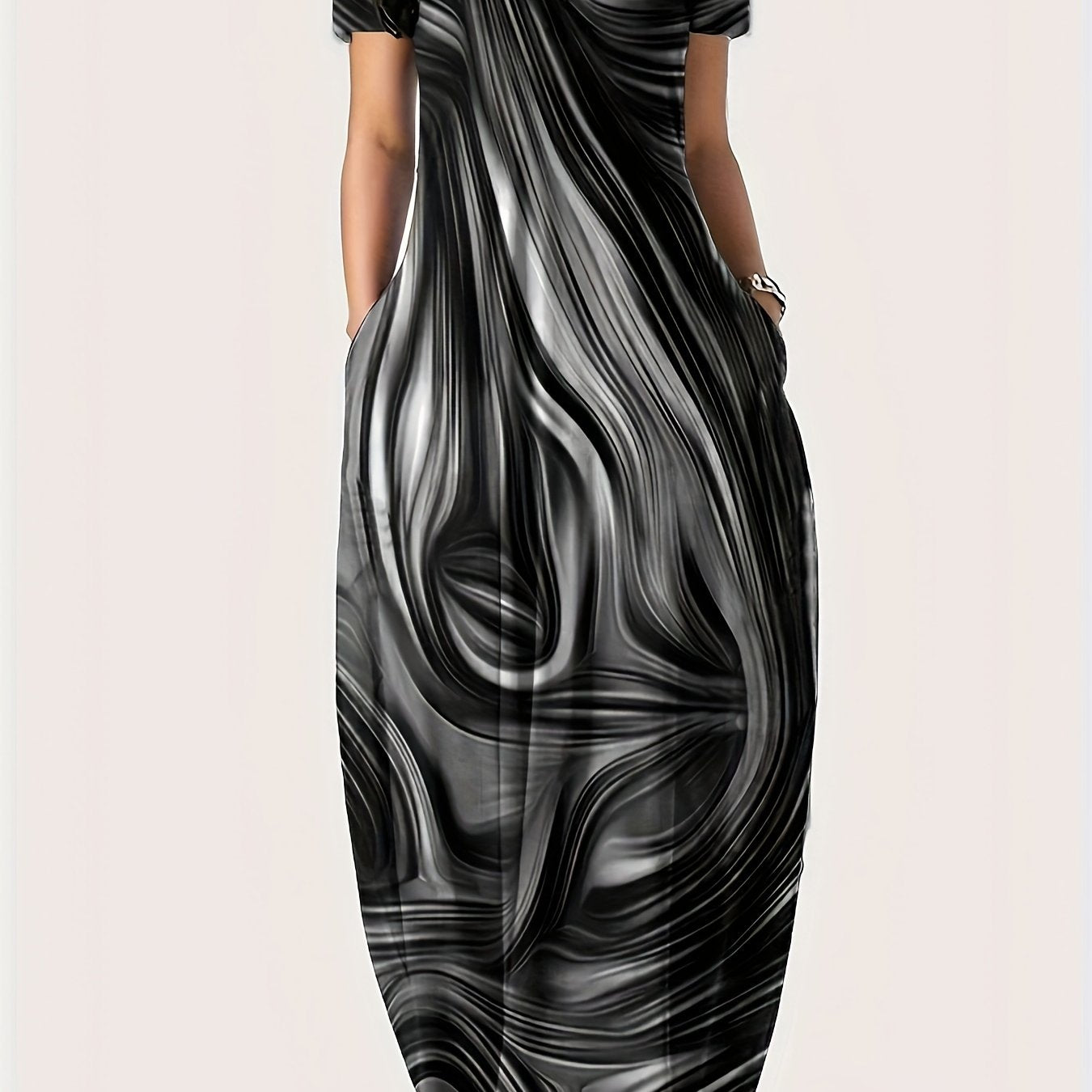 [1pc Plus Size Geometric Print Maxi Dress] 1pc Plus Size Geometric Print Maxi Dress, Stretchy Polyester Knit, Round Neck, Short Sleeve, Casual Loose Fit with Pockets, All-Season Versatile Style
