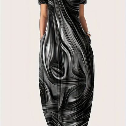 [1pc Plus Size Geometric Print Maxi Dress] 1pc Plus Size Geometric Print Maxi Dress, Stretchy Polyester Knit, Round Neck, Short Sleeve, Casual Loose Fit with Pockets, All-Season Versatile Style