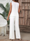 Women's Summer Irregular Hem Buttonless Sleeveless Shirt and Loose Straight Pants Set