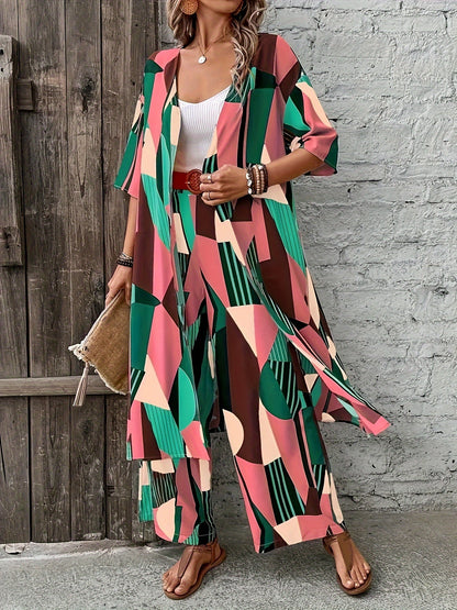 Chic Plus Size Geometric Print Women's Ensemble - Open Front Long Sleeve Shirt & Wide-Leg Pants - Elegant Polyester Casual Outfit for Fashion-Forward Ladies, Machine Washable, Plus Size Casual Outfits Set