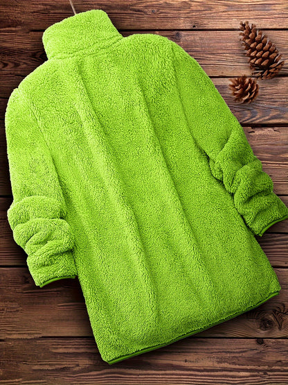 Plus Size Solid Color Fuzzy Coat, Casual Zipper Front Long Sleeve Warm Outerwear For Fall & Winter, Women's Plus Size Clothing