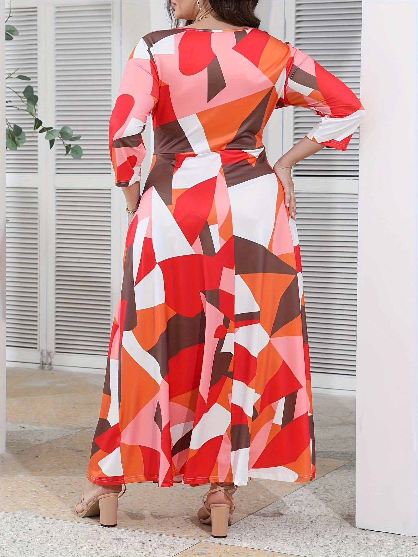 Elegant Women's Plus-Size Dress with Tie Waist, Casual Fashionable Long Sleeve Camouflage Print Knit Fabric with Pocket, X-Shape Fit, Round Neck, Straight Hem, No Bra Pad - Spring/Summer/Autumn