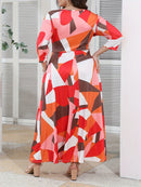 Elegant Women's Plus-Size Dress with Tie Waist, Casual Fashionable Long Sleeve Camouflage Print Knit Fabric with Pocket, X-Shape Fit, Round Neck, Straight Hem, No Bra Pad - Spring/Summer/Autumn