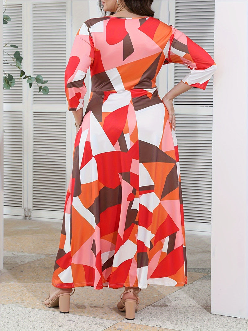 Elegant Women's Plus-Size Dress with Tie Waist, Casual Fashionable Long Sleeve Camouflage Print Knit Fabric with Pocket, X-Shape Fit, Round Neck, Straight Hem, No Bra Pad - Spring/Summer/Autumn