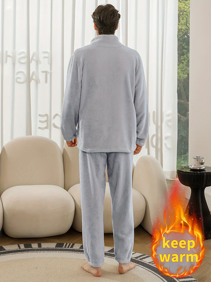 Conjunto de pijama de hombre con camiseta y pantalón de franela con bordado de letras, cuello alto, cremallera y manga larga para otoño e invierno.