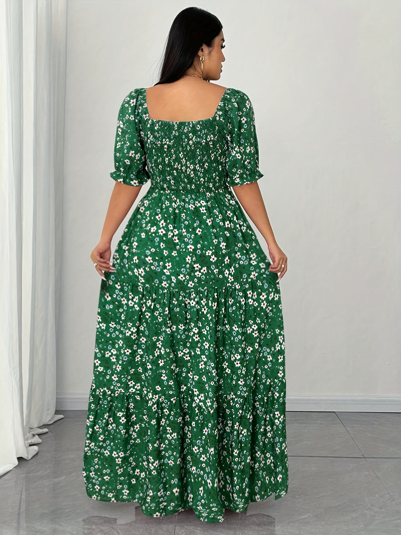 Women's Summer Square Neck Elastic Waist Floral Print Puff Sleeve A-Line Maxi Dress - Lightweight Breathable Machine Washable Plus Size Flowy Long Dress for Beach Vacation & Casual Outings, Beach Dresses