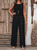 Women's Summer Irregular Hem Buttonless Sleeveless Shirt and Loose Straight Pants Set