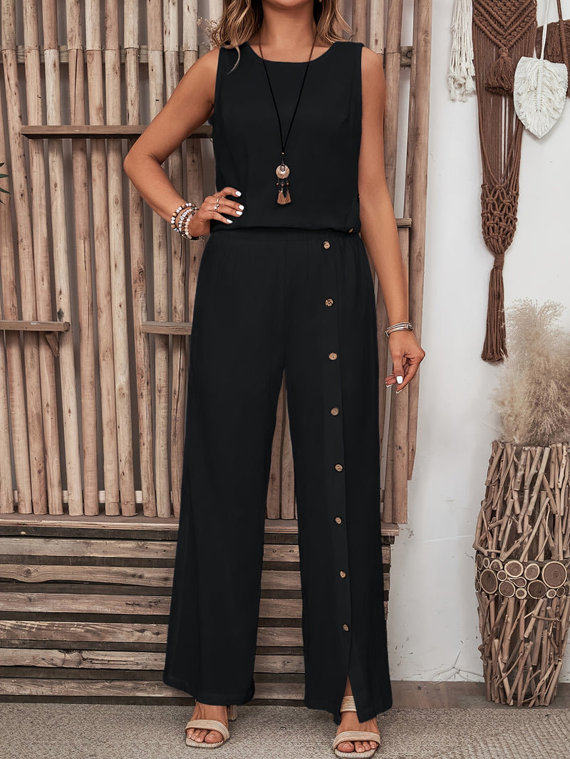 Women's Summer Irregular Hem Buttonless Sleeveless Shirt and Loose Straight Pants Set