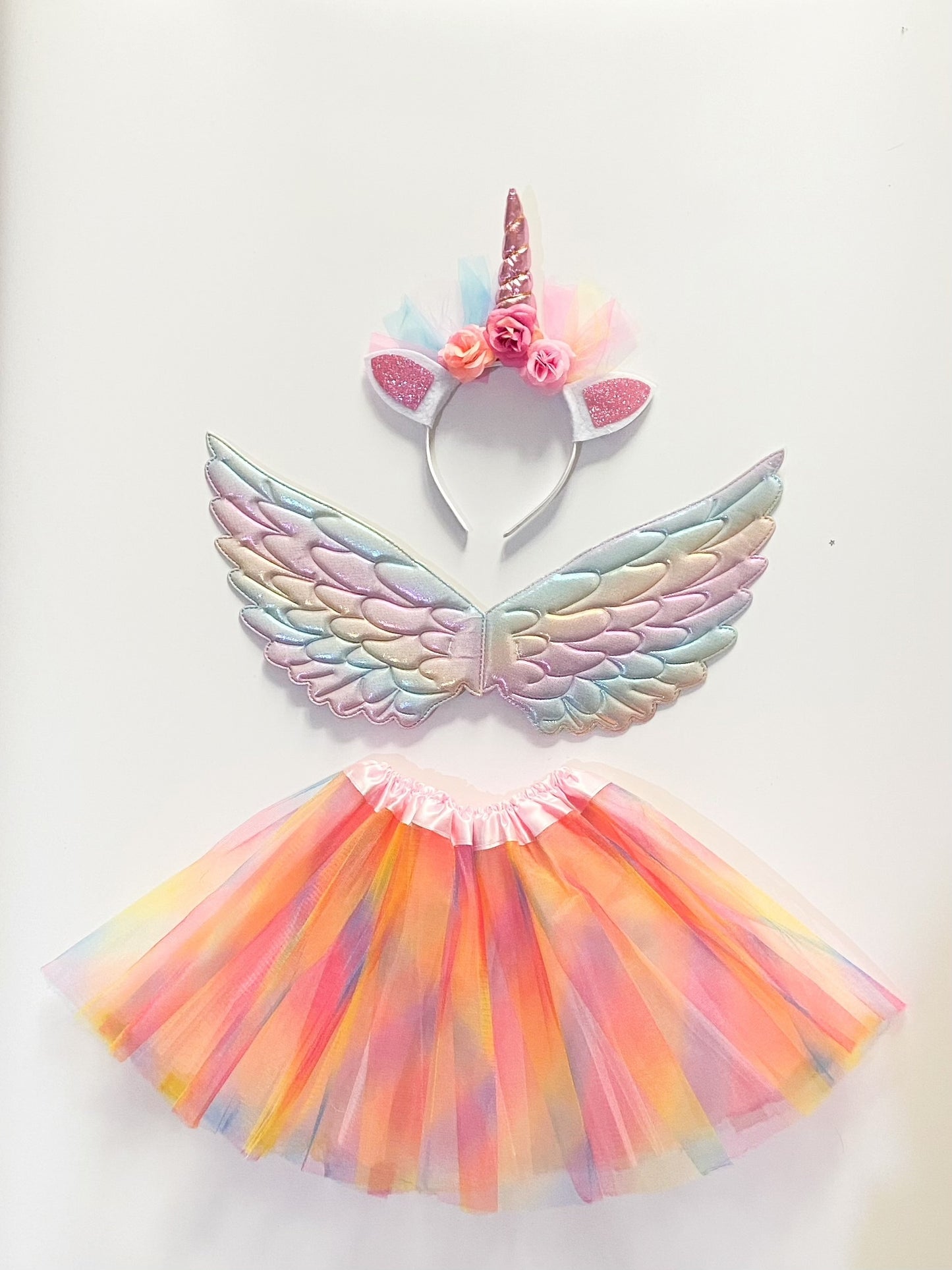 Falda tutú de tul para niñas con alas de arcoíris y diadema de unicornio, disfraz de princesa para fiesta de Halloween, ropa para niños