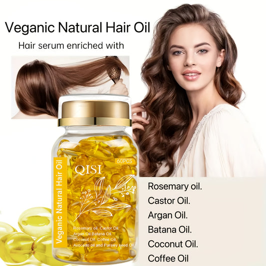 60 Capsules of Natural Hair Essence Capsules, Containing Rosemary, Jojoba Oil, Argan Oil, Coconut Oil, Vegan Natural Essential Oils for Normal Hair, Make Hair Stronger, Make Hair Look Healthier, Suitable for All Hair Types