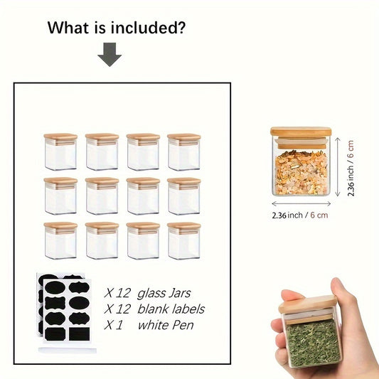 12pcs Glass Spice Jars Set with Natural Bamboo Lids, Airtight Square Jars with Waterproof Sticker Labels, Food Storage Containers, Empty Small Spice Jars for Spices, Salt, Sugar