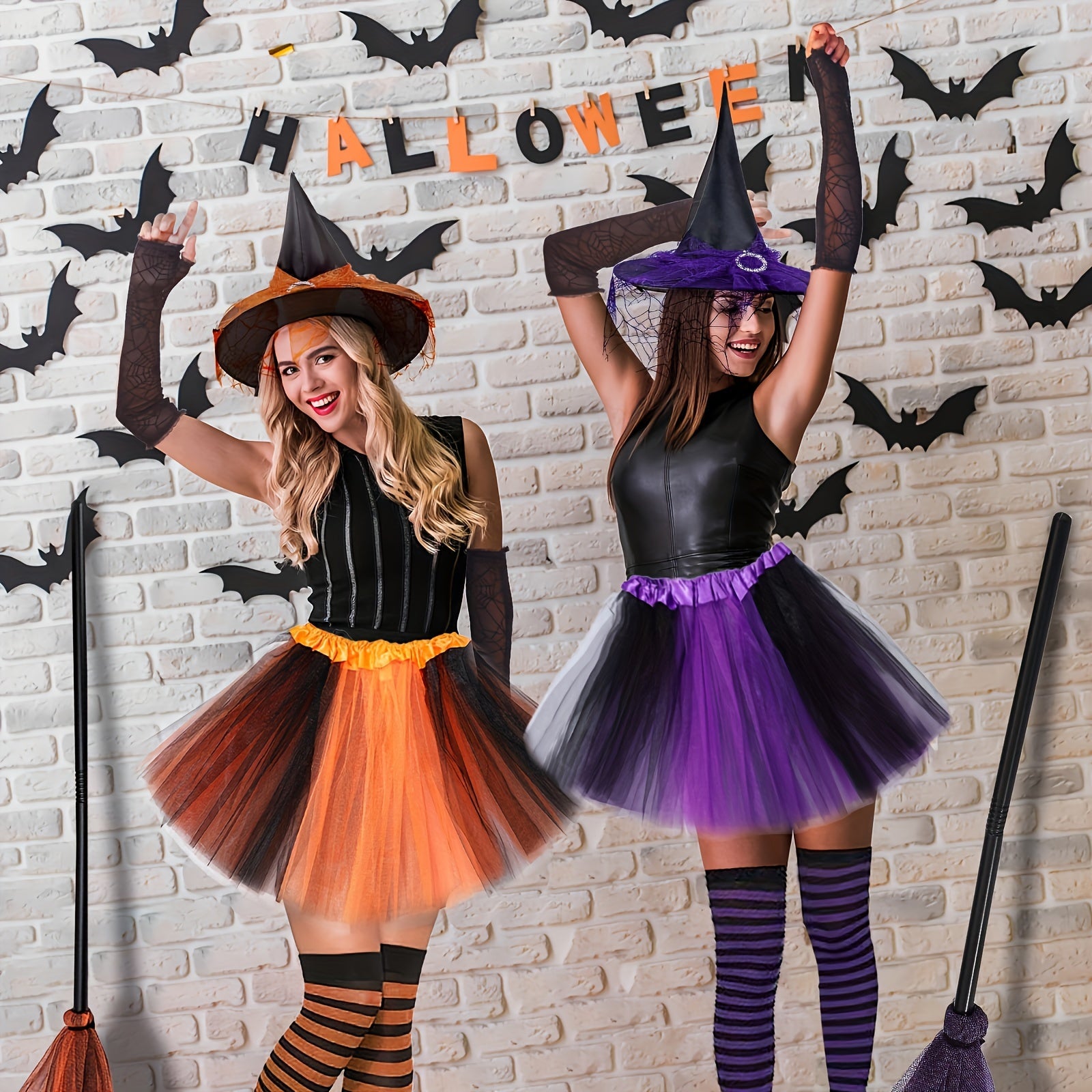 Disfraz de bruja de Halloween para mujer, 3 piezas: sombrero de bruja gótico, falda de tul y calcetines a rayas hasta la rodilla.