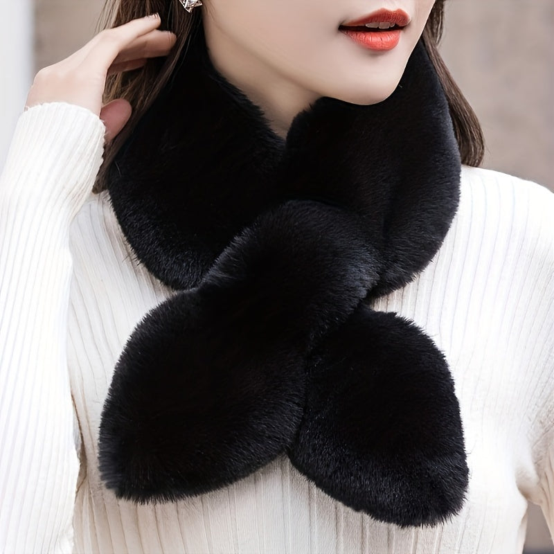 Cozy & Stylish Women's Winter Plush Cross Scarf - Thick, Soft Polyester for Warmth and Neck Protection