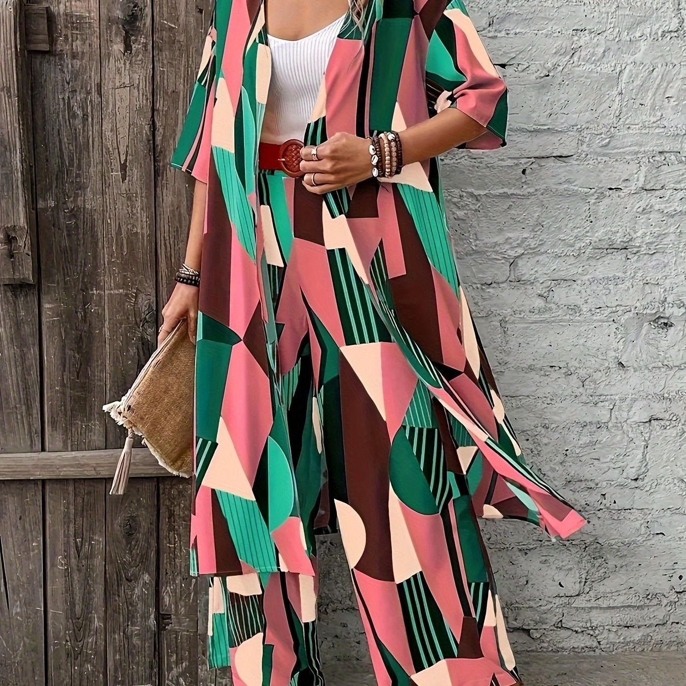 Chic Plus Size Geometric Print Women's Ensemble - Open Front Long Sleeve Shirt & Wide-Leg Pants - Elegant Polyester Casual Outfit for Fashion-Forward Ladies, Machine Washable, Plus Size Casual Outfits Set