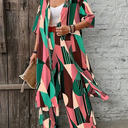 Chic Plus Size Geometric Print Women's Ensemble - Open Front Long Sleeve Shirt & Wide-Leg Pants - Elegant Polyester Casual Outfit for Fashion-Forward Ladies, Machine Washable, Plus Size Casual Outfits Set