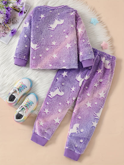 Girls' Autumn and Winter Cute Purple Unicorn Plush Long Sleeve and Pants Suit, Perfect for Outdoor