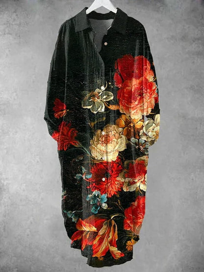 Plus Size - Elegant Floral Print Maxi Dress with Long Sleeves - Blue & White Floral Design, Button-Up Front, Casual Style for Women, All-Season Wear, Casual Summer Dress | Floral Print Dress | Nonstretch Fabric