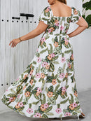 Women'S Plus Size Off-the-Shoulder Tropical Print Jumpsuit with Short Sleeves, Split Hem, and Floral Accents - Ideal for Beach, Vacation, and Summer Events, Beach Attire|Tropical Print Jumpsuit|Floral Accents, Beach Clothes