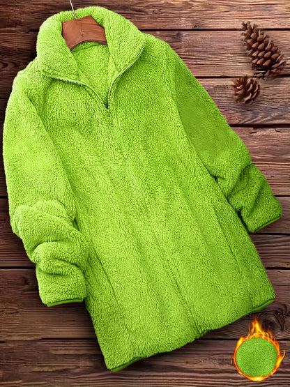 Plus Size Solid Color Fuzzy Coat, Casual Zipper Front Long Sleeve Warm Outerwear For Fall & Winter, Women's Plus Size Clothing