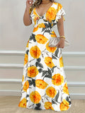 Floral Print Plunge Neck A-line Dress, Elegant Vacation Flutter Sleeve Maxi Length Dress For Spring &amp; Summer, Women's Clothing