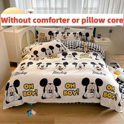 4pcs/set Mickey Mouse Cartoon Bedding Set Including 2 Pillowcases, 1 Duvet Cover, 1 Sheet, Kawaii Comfortable Durable Bedding for Bedroom & Dorm, Room Decor, House Supplies, Birthday Valentine Halloween Christmas Thanksgiving