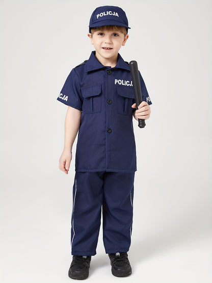 Profession Themed Party Outfit For Boys - Short Sleeve Shirt, Navy Blue Pants, Matching Hat And Baton - Police Officer Dress Up Clothes 4pcs Set, Perfect For Halloween Carnival Party & Movie Animation Character Performance