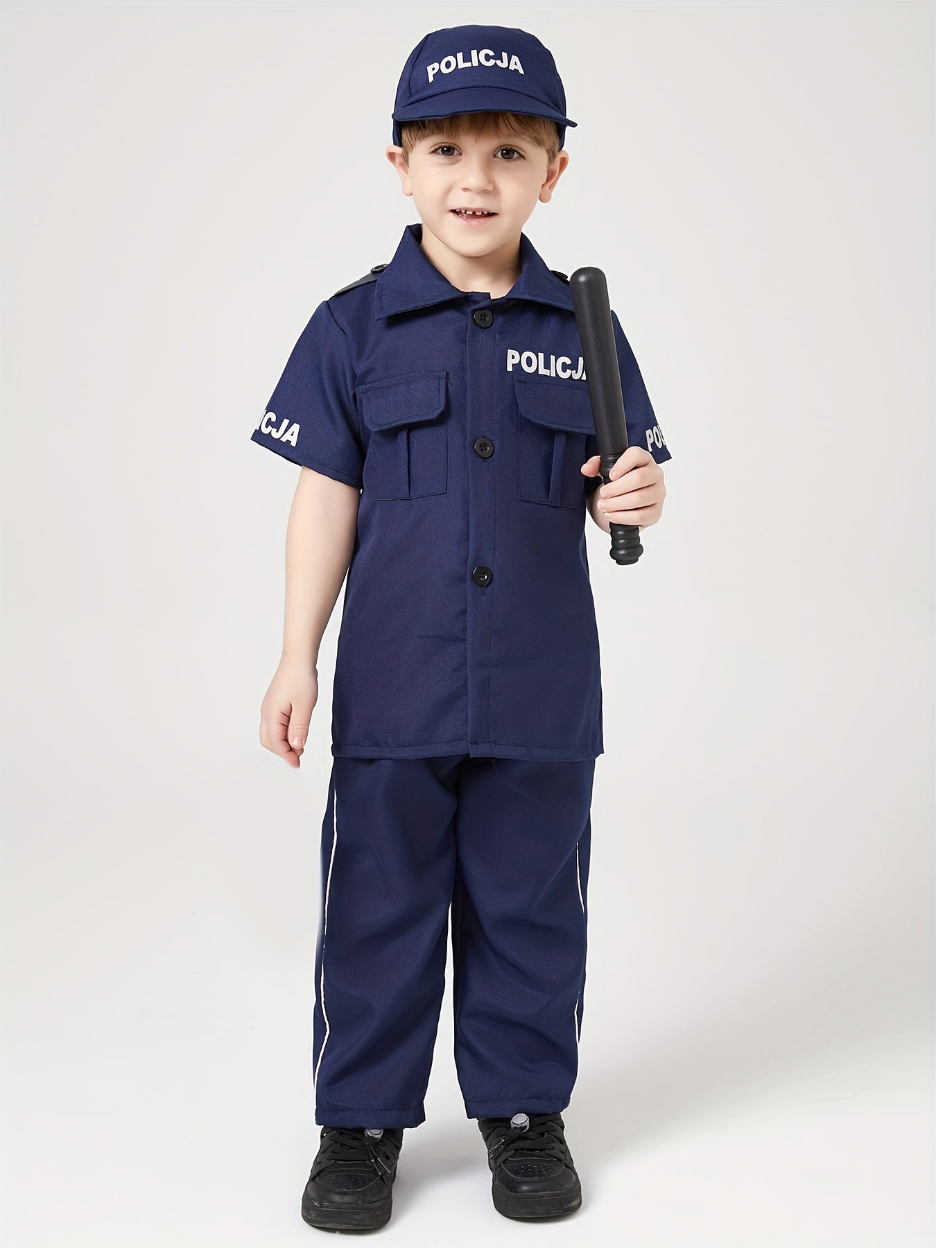 Disfraz de policía para fiesta de temática profesional para niño: camisa de manga corta, pantalón azul marino, gorra y porra a juego. Conjunto de 4 piezas, perfecto para Halloween, carnaval y presentaciones de personajes de películas.