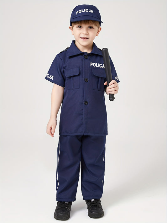 Disfraz de policía para fiesta de temática profesional para niño: camisa de manga corta, pantalón azul marino, gorra y porra a juego. Conjunto de 4 piezas, perfecto para Halloween, carnaval y presentaciones de personajes de películas.