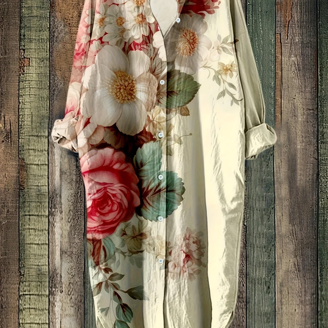 Plus Size - Elegant Floral Print Maxi Dress with Long Sleeves - Blue & White Floral Design, Button-Up Front, Casual Style for Women, All-Season Wear, Casual Summer Dress | Floral Print Dress | Nonstretch Fabric