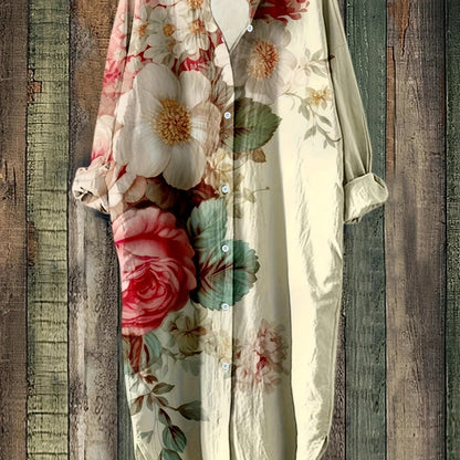 Plus Size - Elegant Floral Print Maxi Dress with Long Sleeves - Blue & White Floral Design, Button-Up Front, Casual Style for Women, All-Season Wear, Casual Summer Dress | Floral Print Dress | Nonstretch Fabric