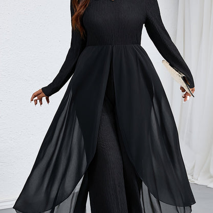 Elegant Women's Plus-Size T-Shirt Jumpsuit with Hollow-Out Detail, Polyester Knit Fabric, Small Stand Collar, Solid Color, Mid-Stretch, for Autumn/Winter