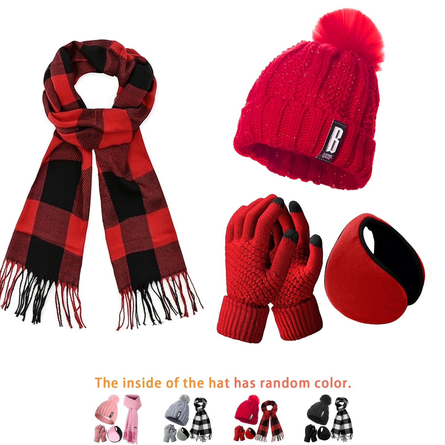 4pcs Winter Warm Accessory Set - Knitted Hat, Touch Screen-Compatible Mittens, Scarf, Ear Warmer - Polyester, Hand Washable, Simple Style - Ideal Gift for Adults, No Feather