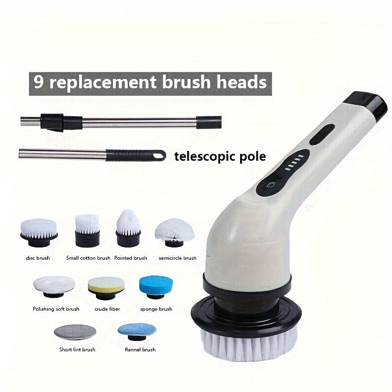 Cordless Electric Spin Scrubber Set with 3/9 Brush Heads - Rechargeable, Adjustable Long Handle for Bathroom, Kitchen, Tile & Car Cleaning